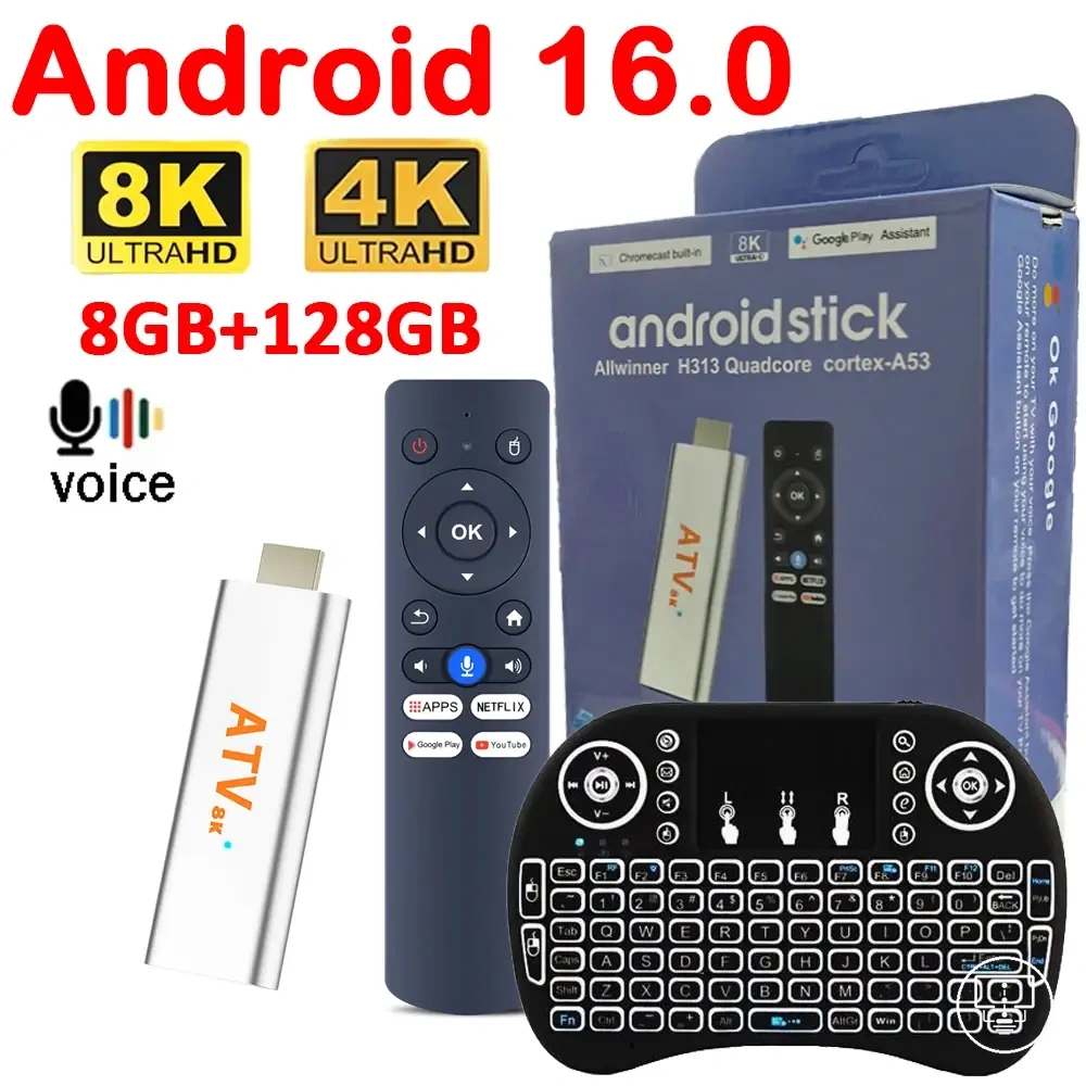 Android Smart TV Stick مع ريموت صوتي ودعم WiFi مزدوج