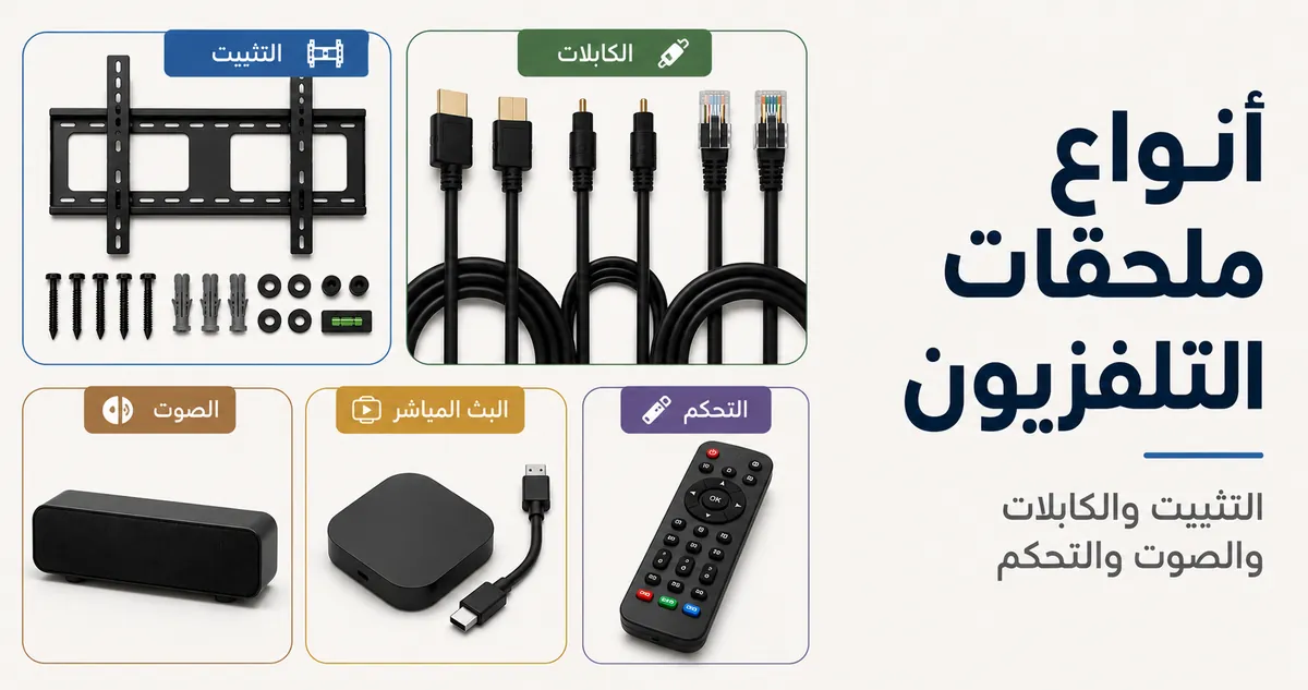 أنواع ملحقات إعداد التلفزيون الرئيسية مجمعة حسب التثبيت والكابلات والصوت والبث والتحكم