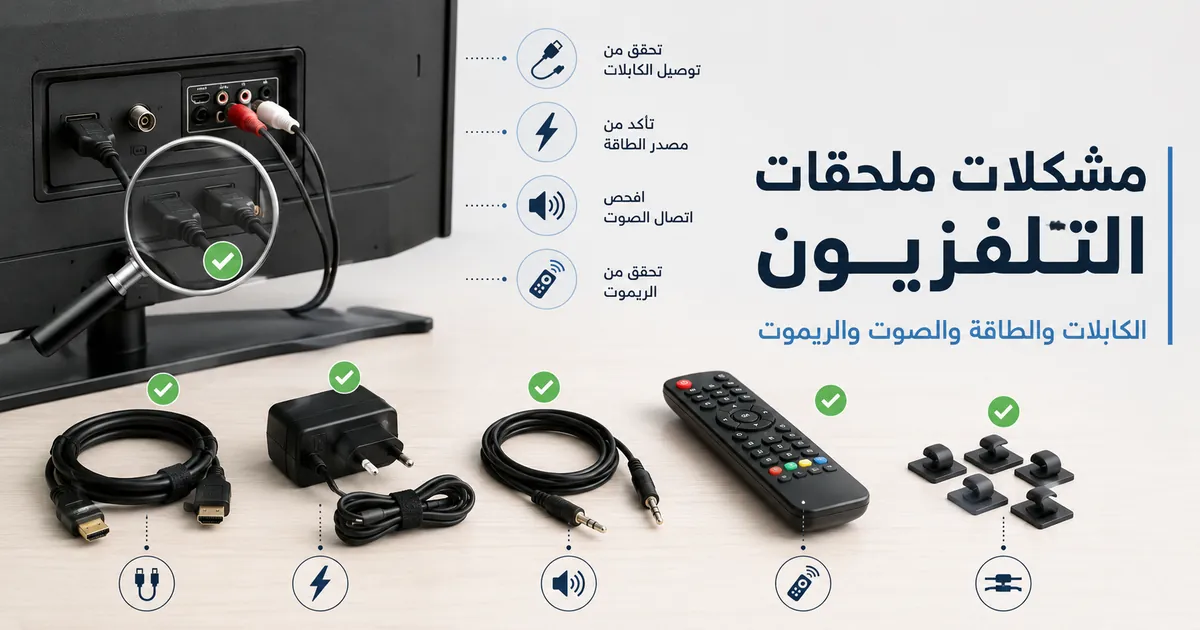 ملحقات إعداد التلفزيون يتم فحصها لمشكلات الكابلات والطاقة والصوت والريموت