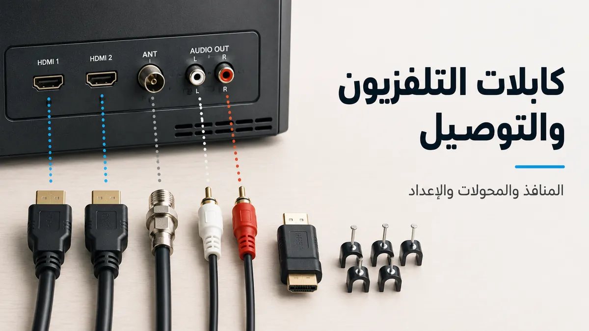 كابلات التلفزيون وملحقات التوصيل مرتبة بجانب منافذ الإدخال في التلفزيون