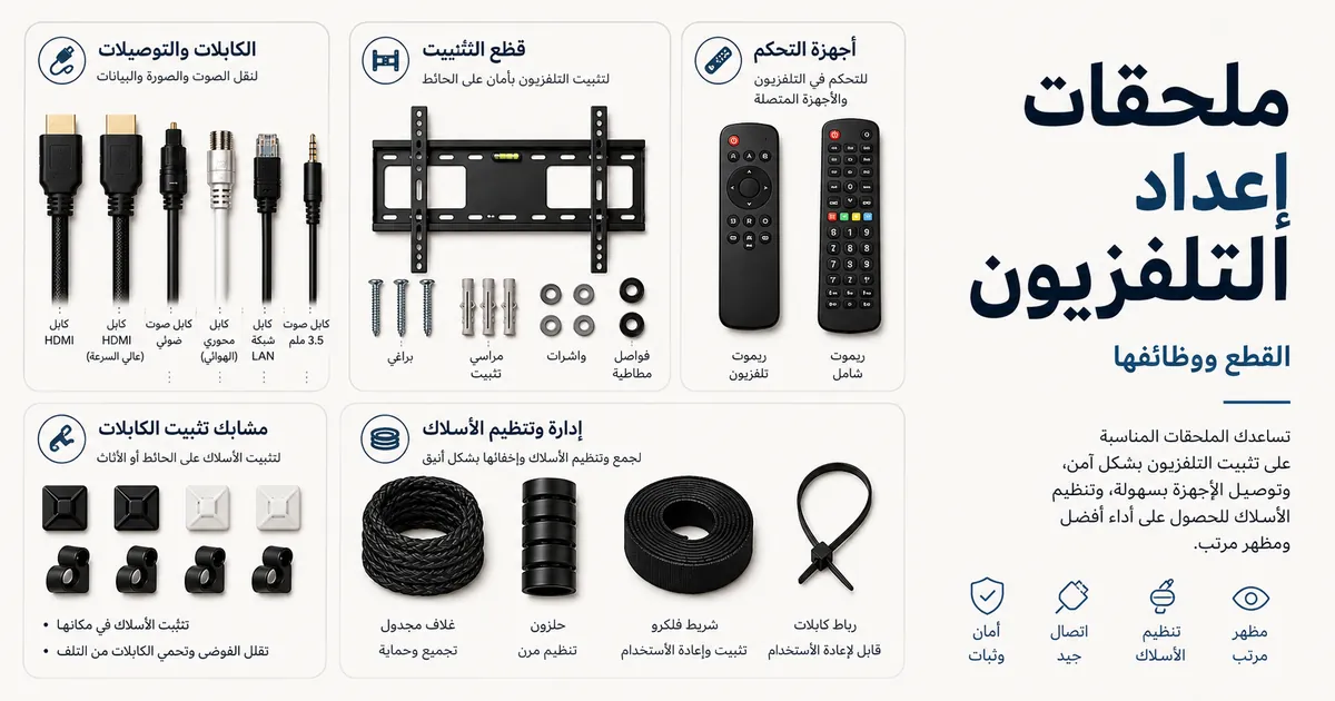 ملحقات مختلفة لإعداد التلفزيون مرتبة حسب القطع ووظائفها في التركيب