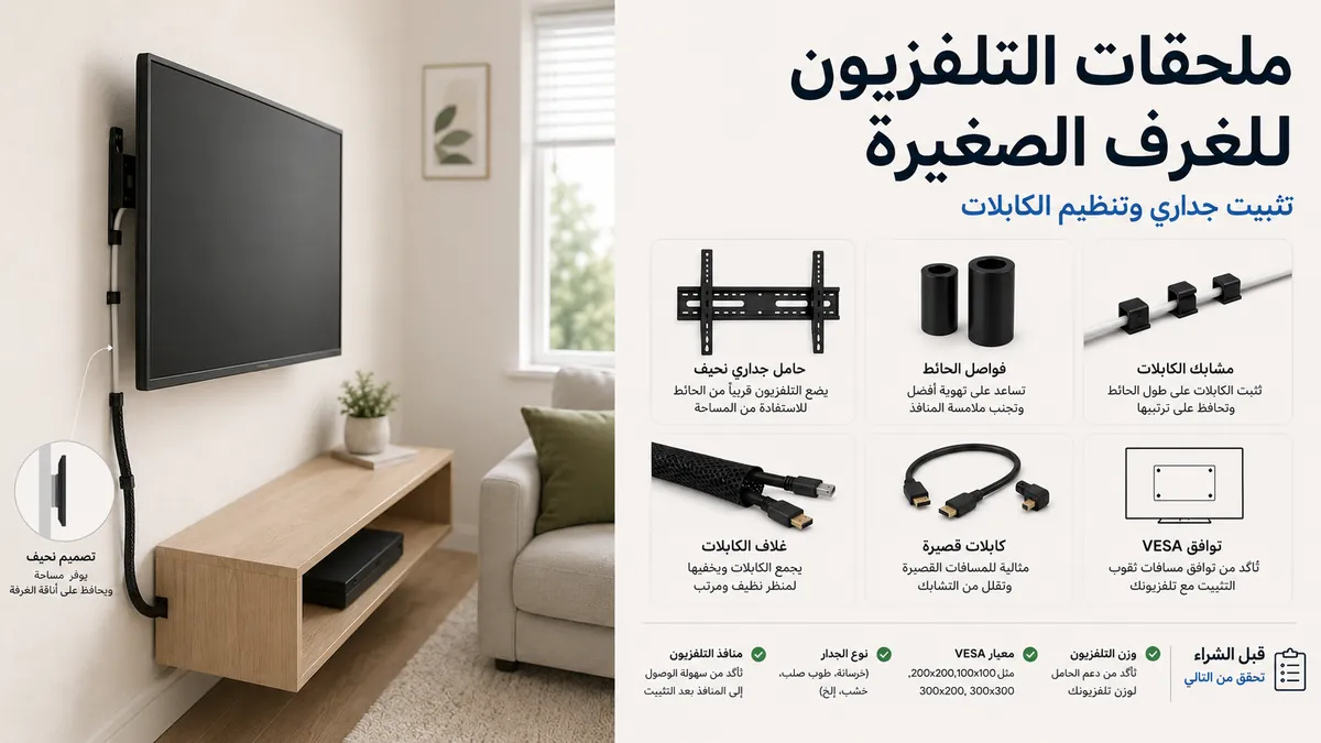 ملحقات إعداد تلفزيون مدمجة لغرفة صغيرة مع تثبيت جداري وتنظيم للكابلات
