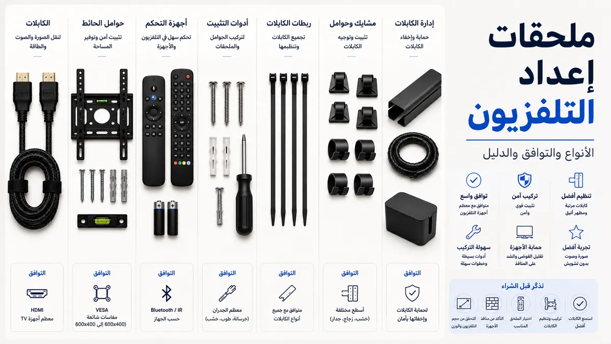ملحقات إعداد التلفزيون مرتبة مع كابلات وأدوات تثبيت وأجهزة تحكم وقطع لتنظيم الأسلاك