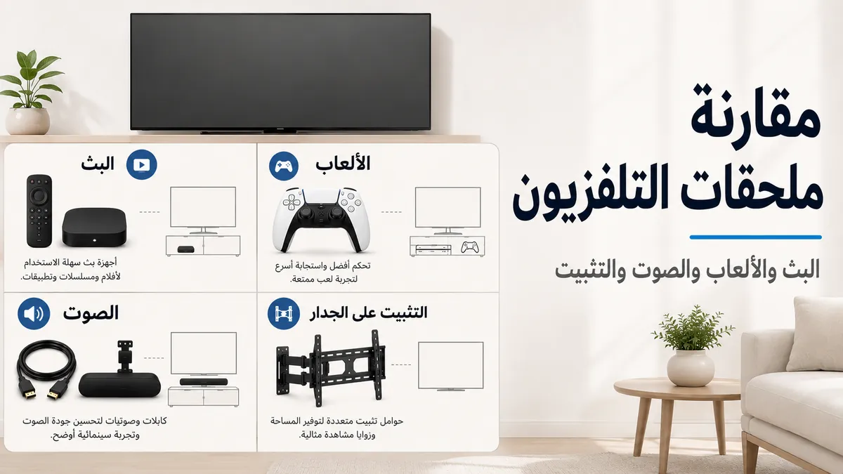 ملحقات إعداد التلفزيون مقارنة حسب استخدامات البث والألعاب والصوت والتثبيت على الجدار