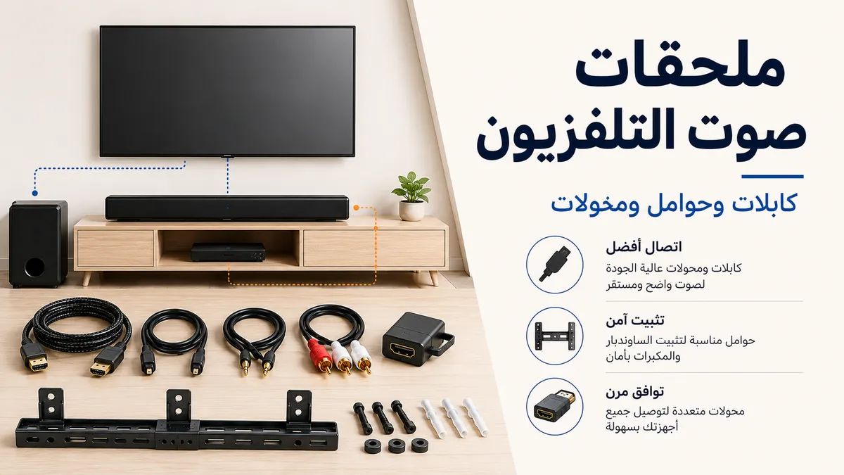 ملحقات إعداد صوت التلفزيون مع كابلات صوت وحوامل ساوند بار ومحولات توصيل