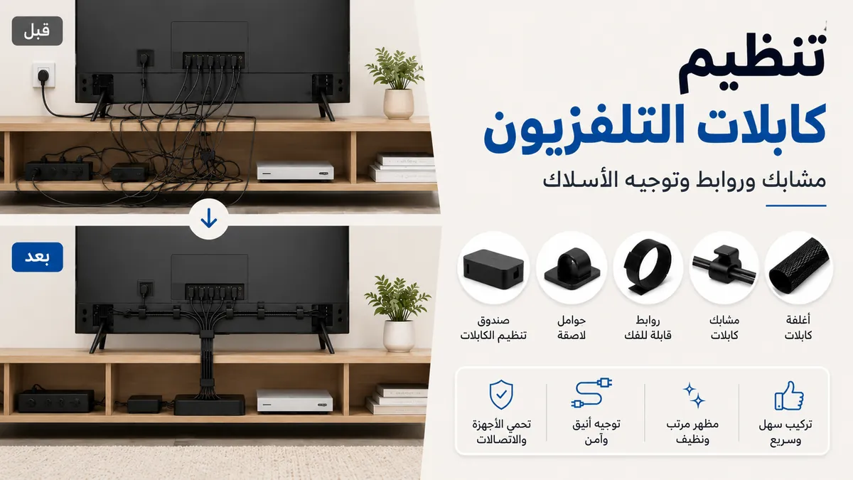 ملحقات تنظيم الكابلات ترتب الأسلاك خلف إعداد التلفزيون وتحته