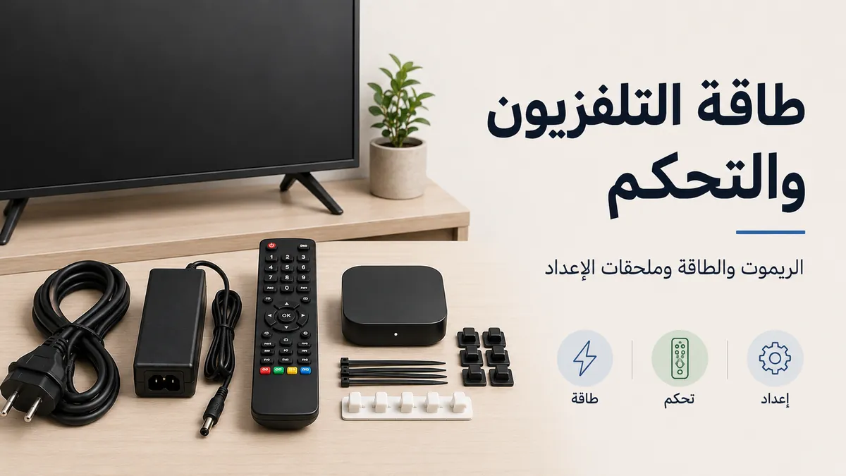 ملحقات طاقة التلفزيون والريموت والتحكم موضوعة بجانب إعداد التلفزيون