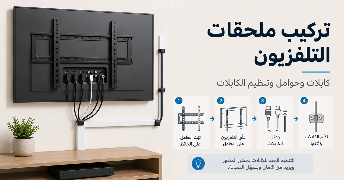 ملحقات إعداد التلفزيون أثناء تركيبها مع كابلات وحوامل وقطع لتنظيم الكابلات