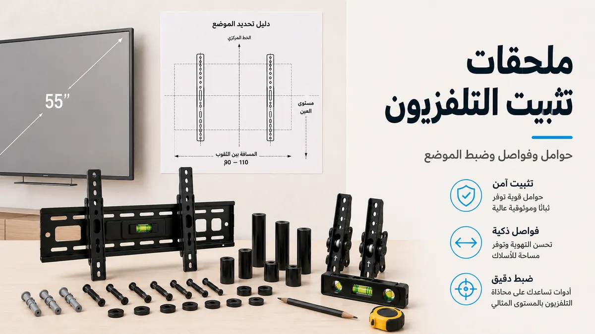 ملحقات تثبيت التلفزيون وتموضعه مع حوامل وفواصل وأدوات لضبط الموضع