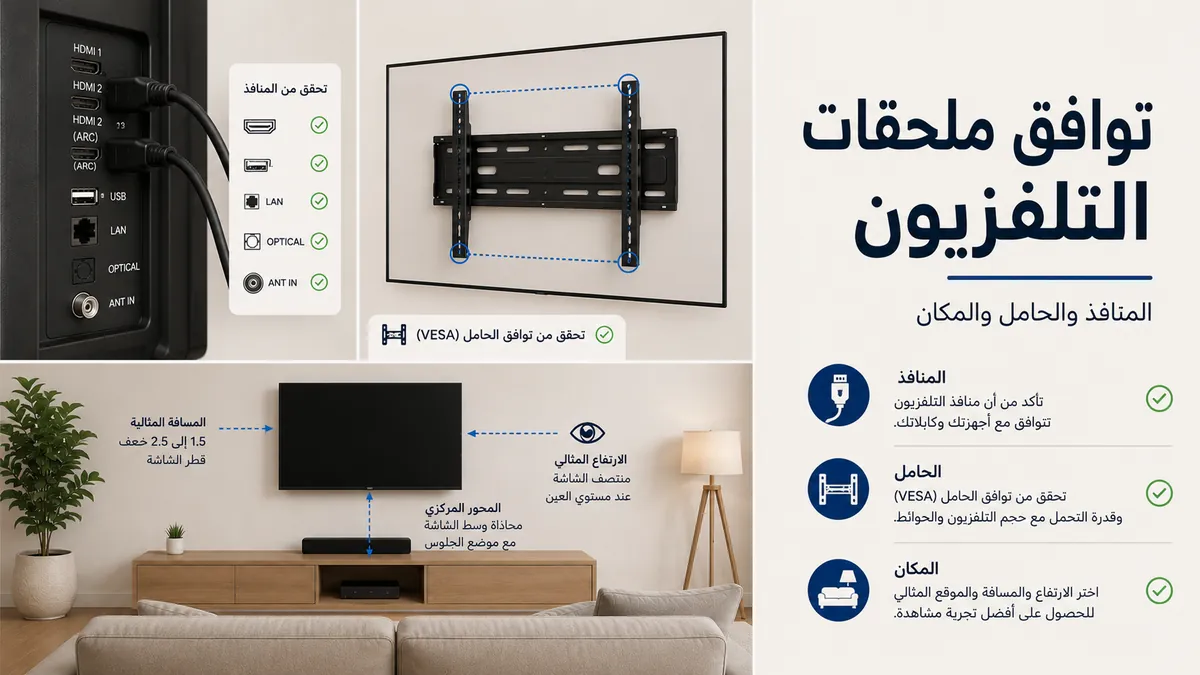 ملحقات إعداد التلفزيون يتم فحصها حسب منافذ الكابلات وملاءمة الحامل ومكان التلفزيون في الغرفة
