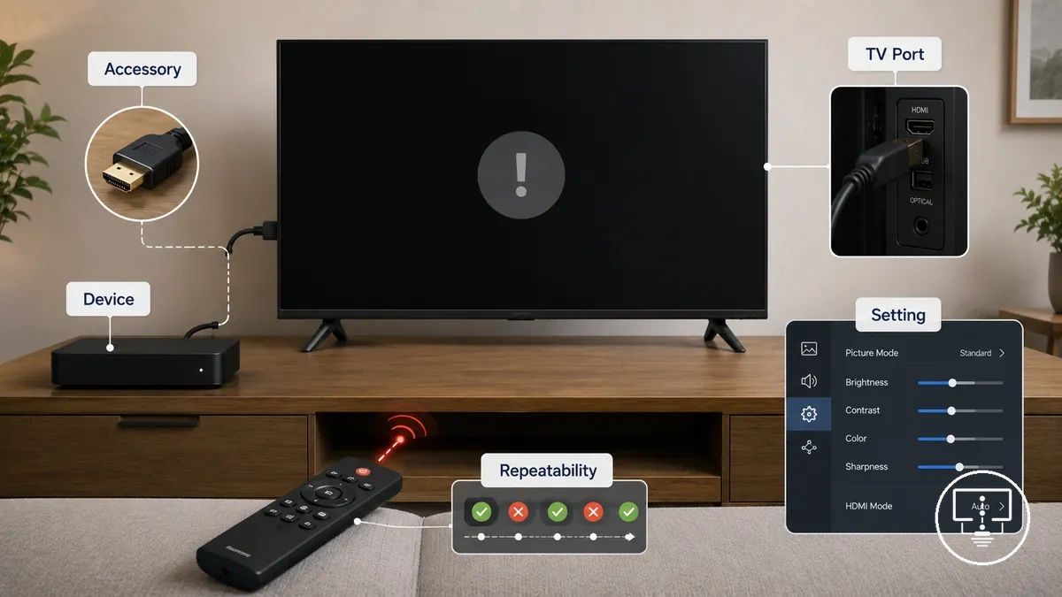 Vergleich von Fehlern am Zubehör mit Ursachen, die mit TV, Gerät oder Einstellung zusammenhängen