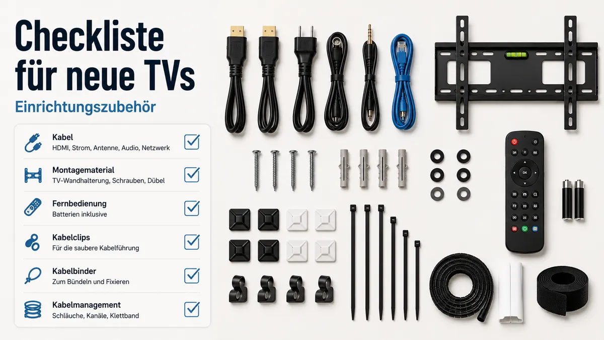 Checkliste mit zentralem TV-Einrichtungszubehör für die Installation eines neuen Fernsehers