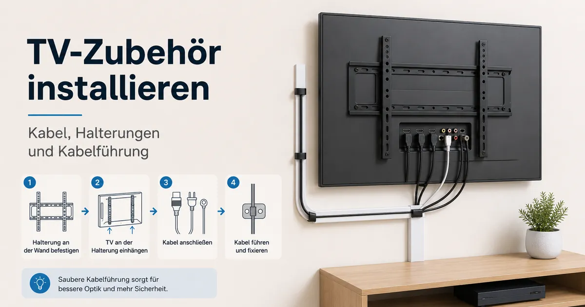 TV-Einrichtungszubehör wird mit Kabeln, Halterungen und Kabelmanagement-Teilen installiert