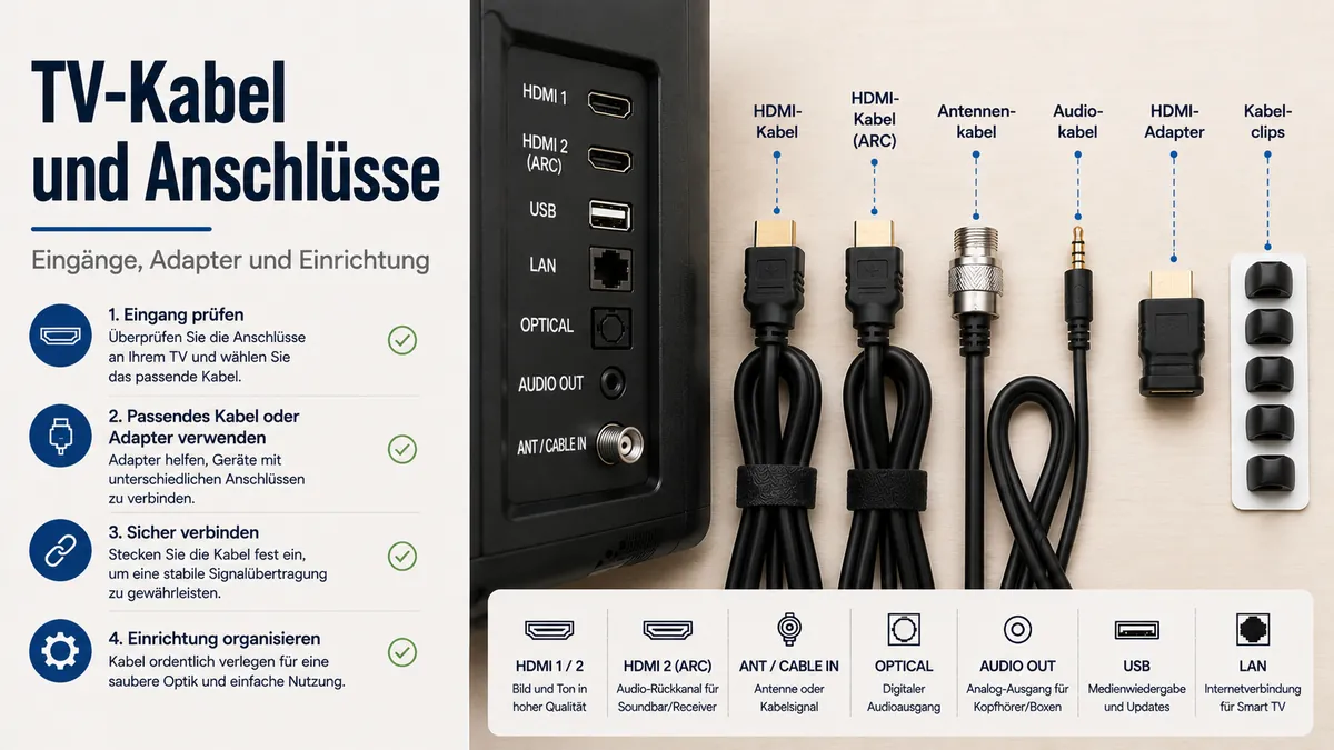 TV-Kabel und Anschlusszubehör neben den Eingängen eines Fernsehers angeordnet
