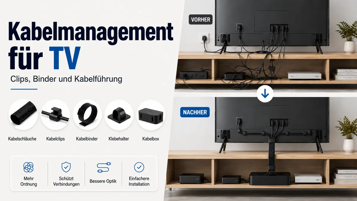 Kabelmanagement-Zubehör ordnet Kabel hinter und unter einem TV-Setup