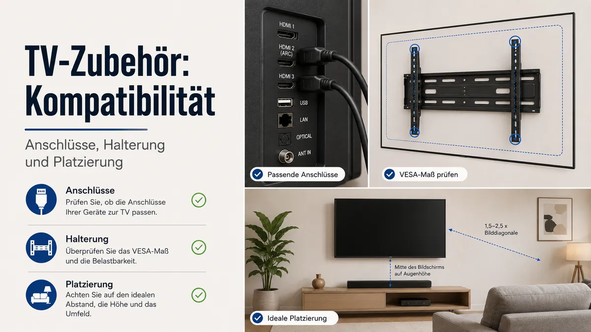 TV-Einrichtungszubehör wird auf Kabelanschlüsse, Halterungspassform und Platzierung im Raum geprüft