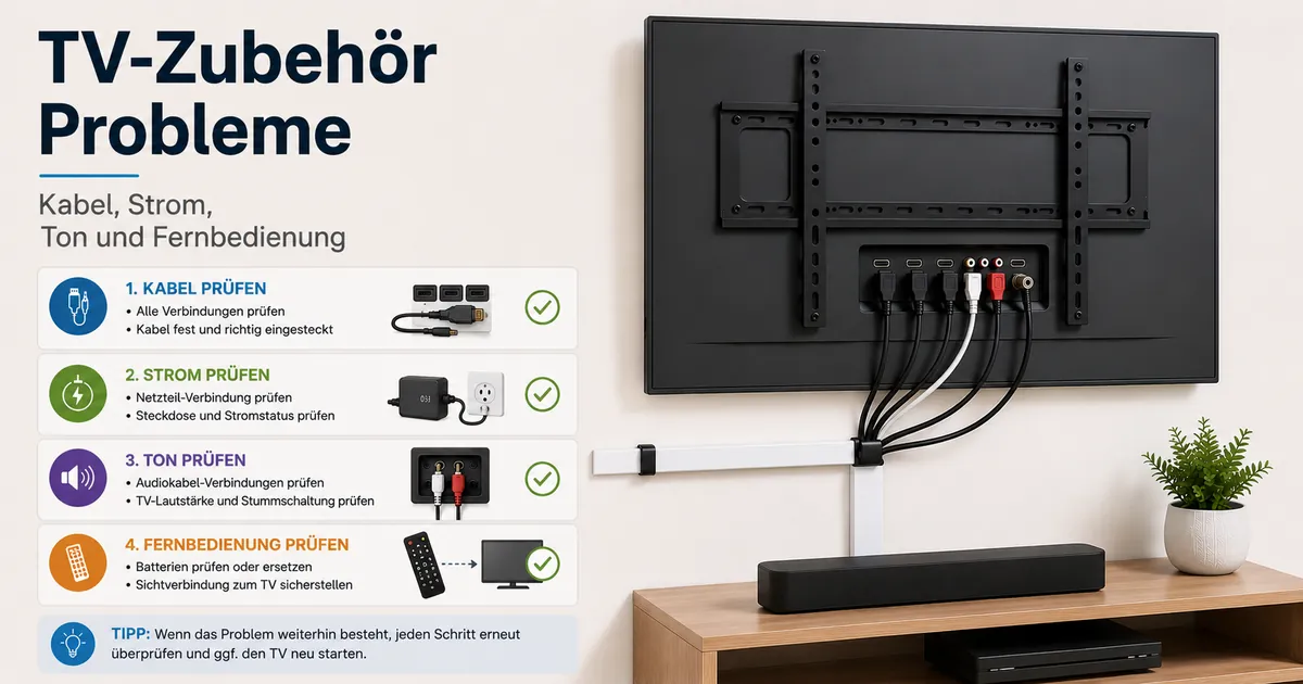 TV-Einrichtungszubehör wird auf Probleme mit Kabeln, Strom, Ton und Fernbedienung geprüft