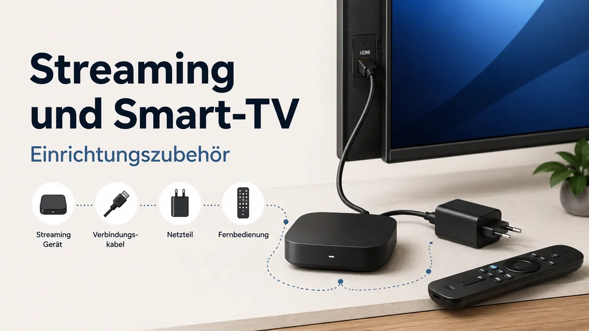 Streaming- und Smart-TV-Einrichtungszubehör in der Nähe eines Fernsehers angeschlossen