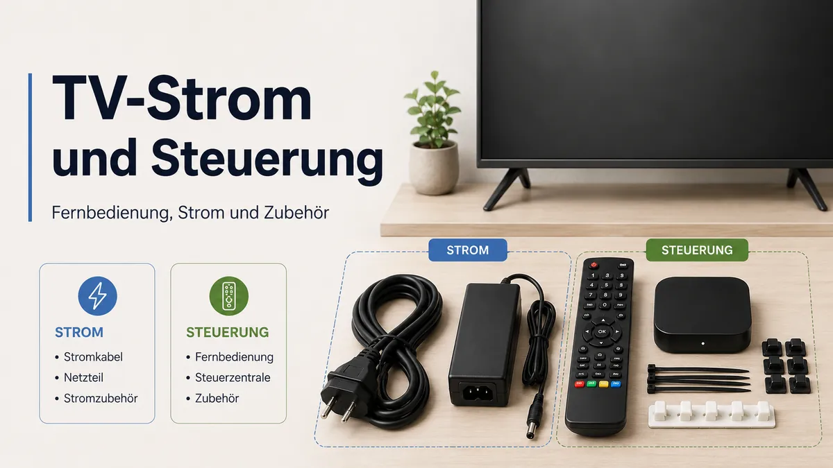 TV-Strom-, Fernbedienungs- und Steuerungszubehör neben einem Fernsehsetup