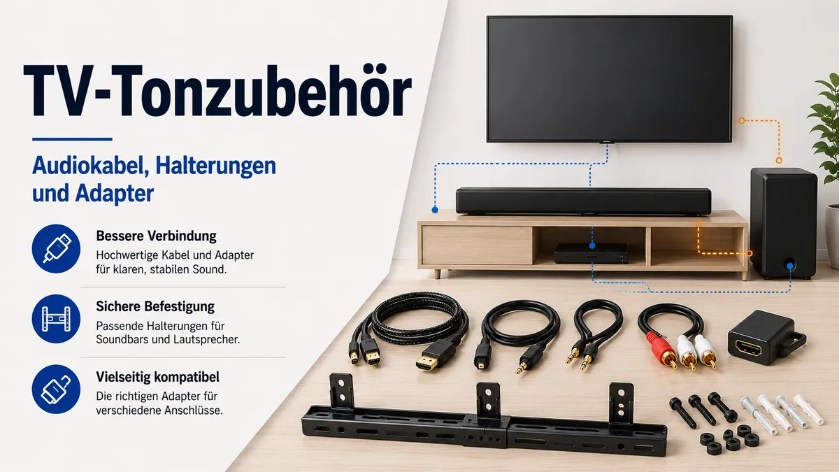 Zubehör für die TV-Toneinrichtung mit Audiokabeln, Soundbar-Halterungen und Anschlussadaptern