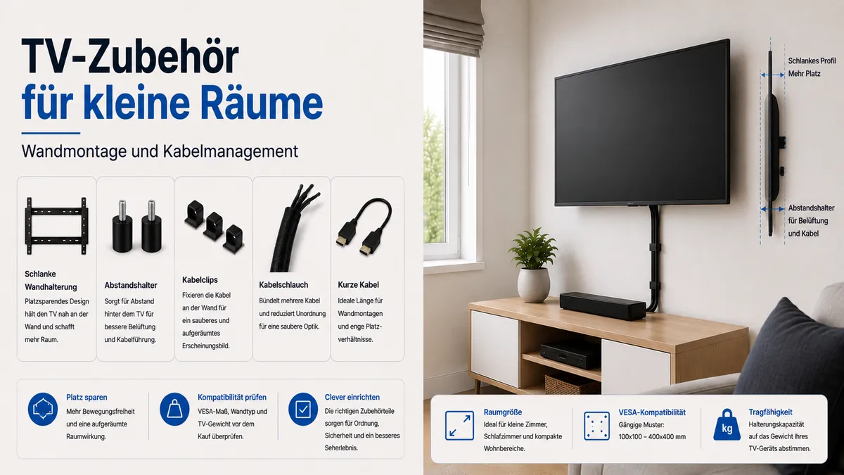 Kompaktes TV-Einrichtungszubehör für einen kleinen Raum mit Wandmontage und Kabelmanagement