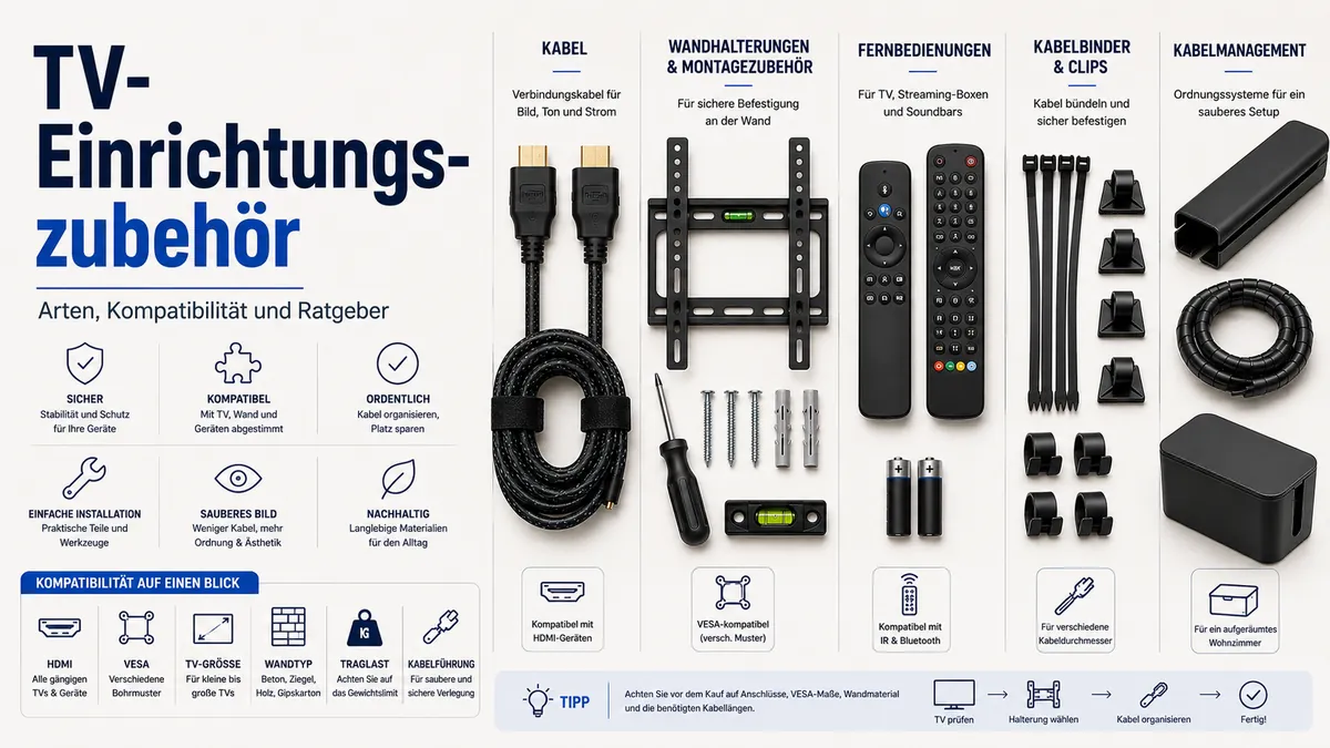 Geordnetes TV-Einrichtungszubehör mit Kabeln, Montagewerkzeug, Fernbedienungen und Kabelmanagement
