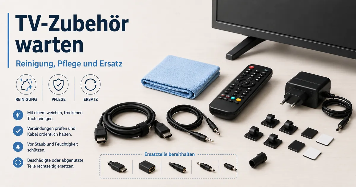 TV-Einrichtungszubehör vorbereitet für Reinigung, Wartung und Ersatz