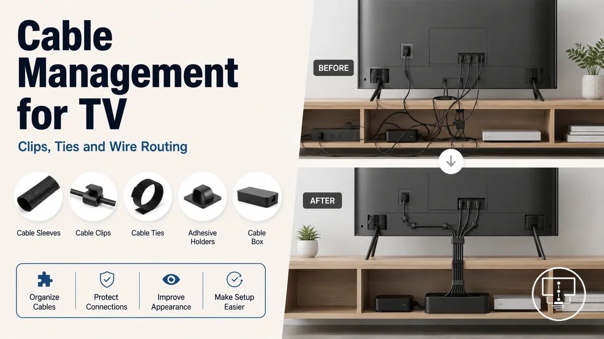 Cable management accessories organizing wires behind and below a TV setup