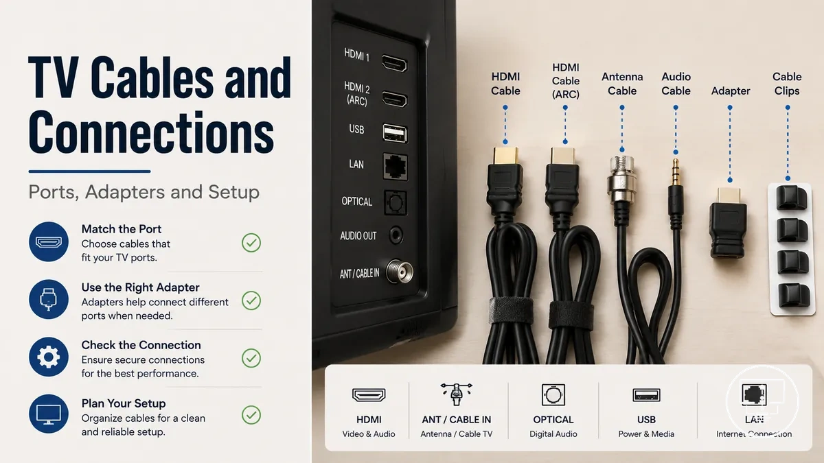 TV cables and connection accessories arranged beside television input ports
