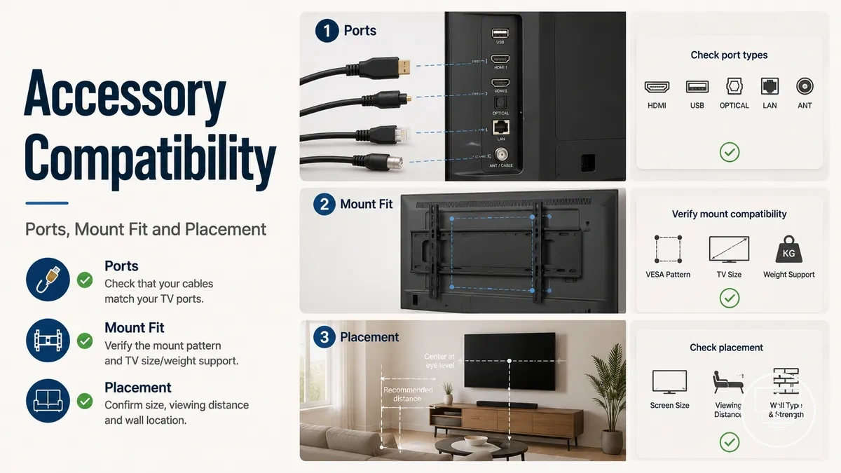TV setup accessories being checked for cable ports, mount fit and room placement compatibility