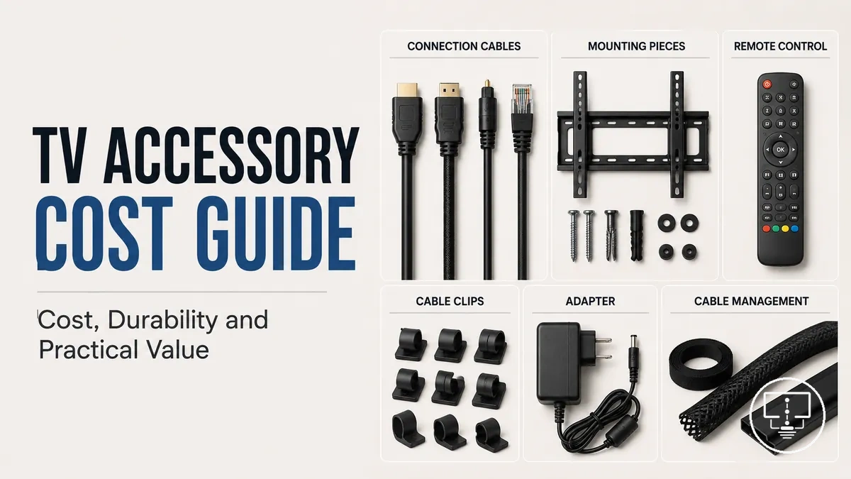 TV setup accessories arranged for comparing cost, durability and practical value