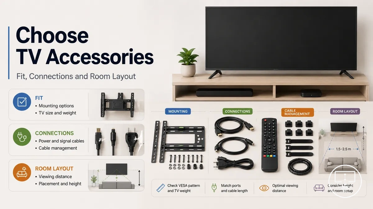 TV setup accessories being compared for fit, connection needs and room layout