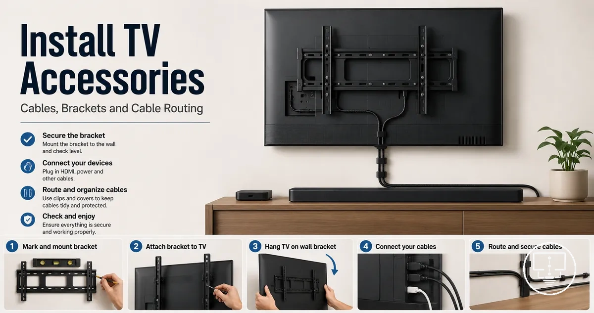 TV setup accessories being installed with cables, brackets and cable management pieces