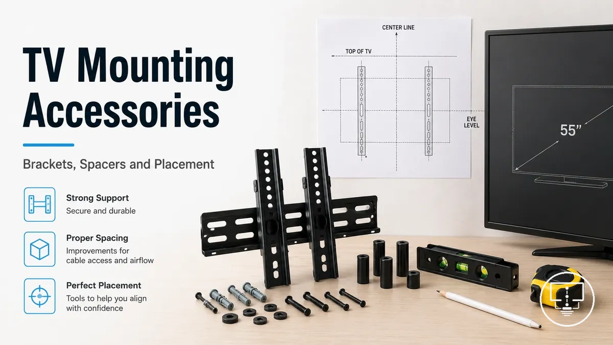 TV mounting and placement accessories with brackets, spacers and positioning tools
