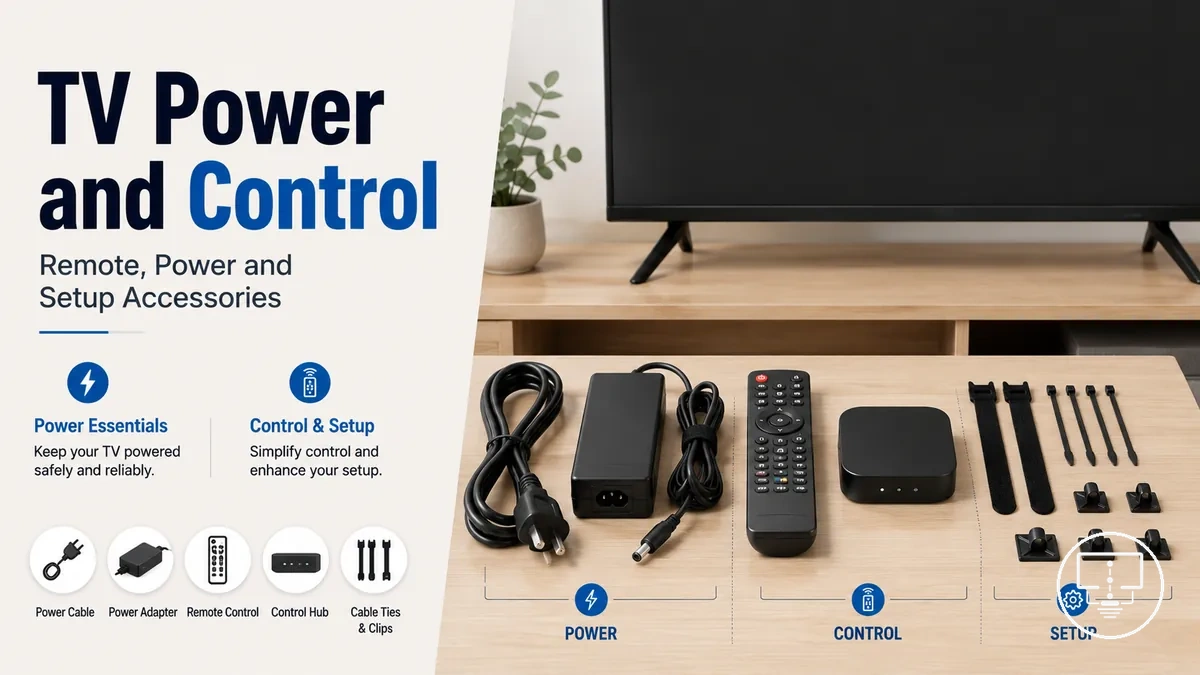 TV power, remote and control accessories placed beside a television setup
