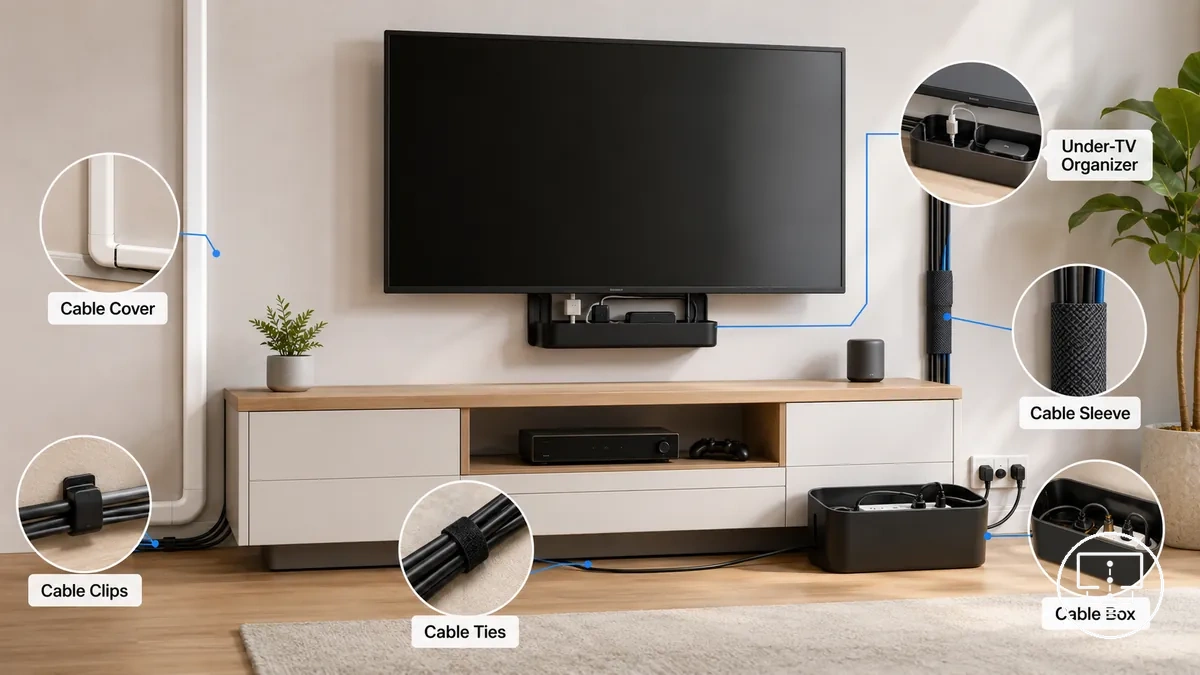 Cable management accessory types used in TV setups