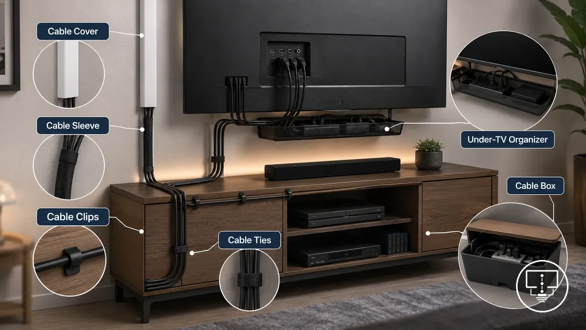 Cable management accessories used around a TV setup
