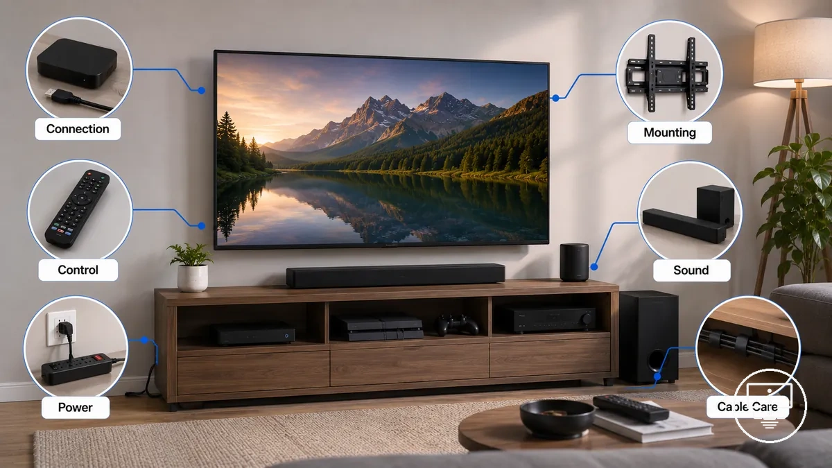 Functional TV setup accessory groups for connection, mounting, control, sound, power support, and cable organization