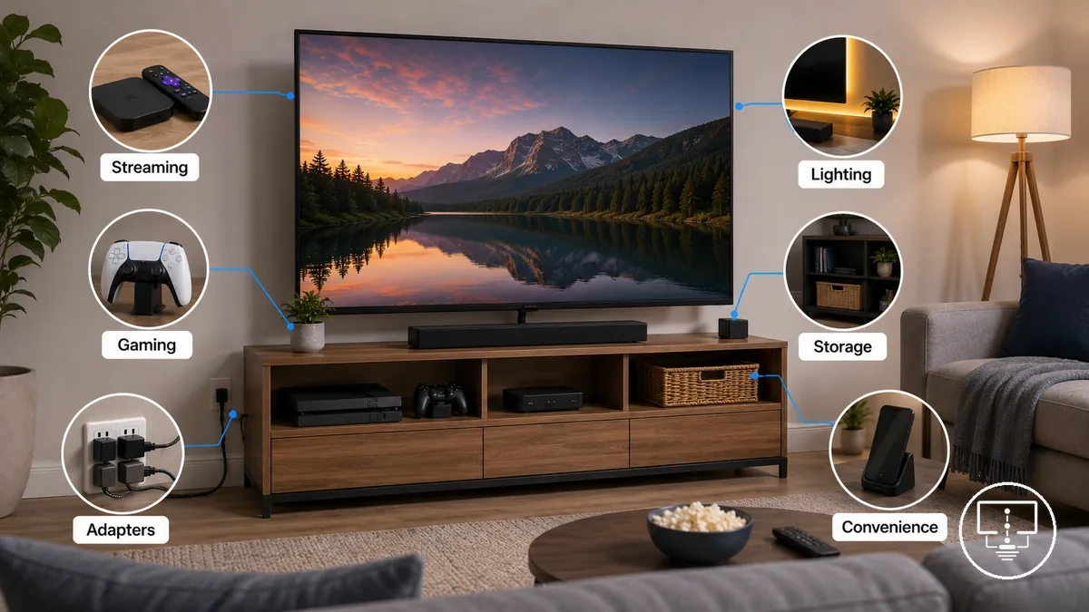 Optional TV setup accessories matched to viewing habits and room layout