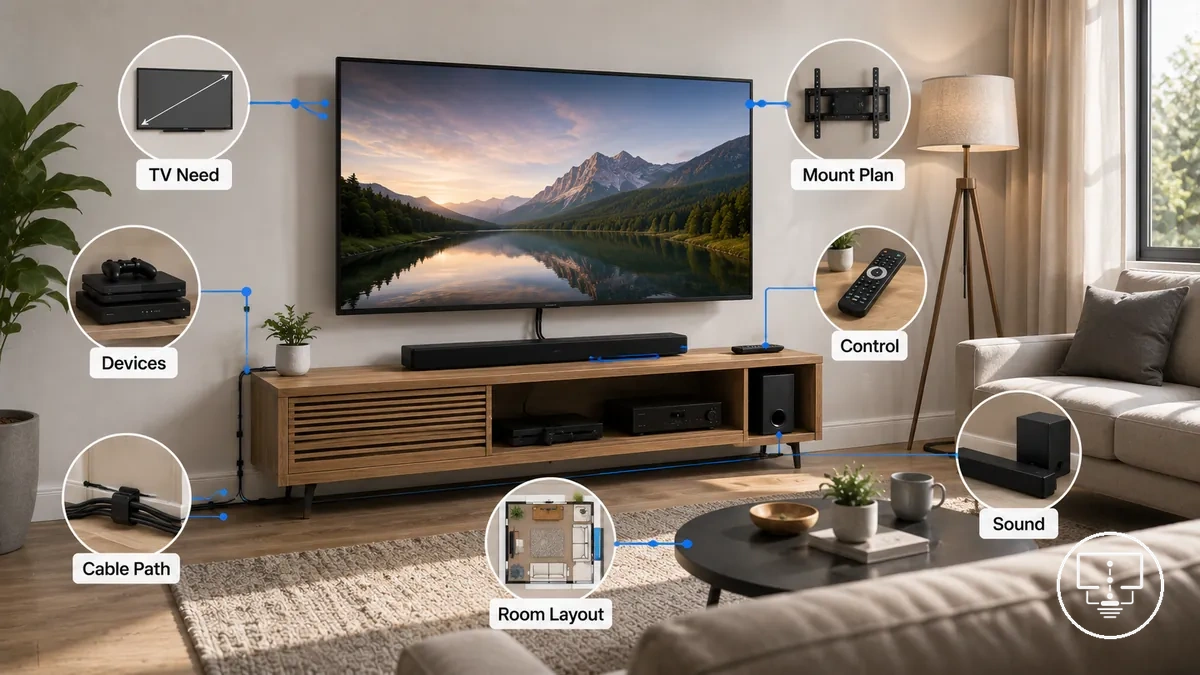 TV setup accessory needs matched to room layout, devices, and cable routing requirements