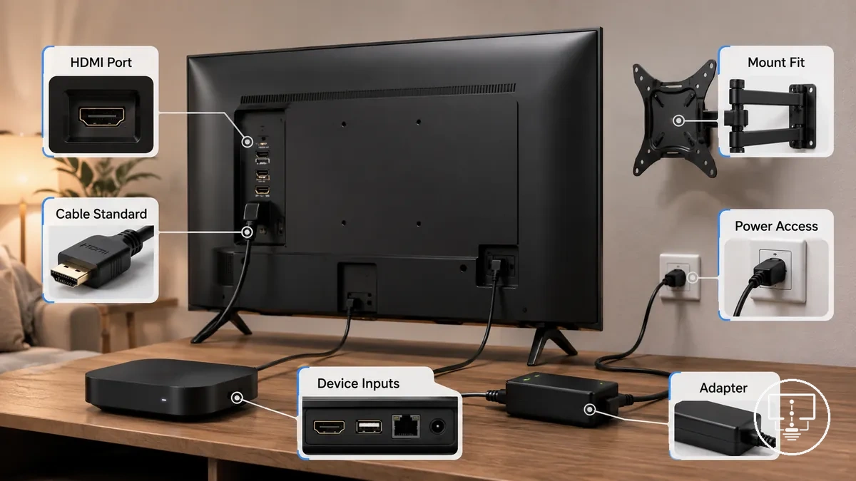 Compatibility and connection requirements for TV setup accessories including ports, mount fit, power access, and device connections
