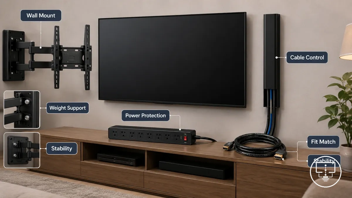 Higher-cost accessories for mounting, power, and cable control including wall mount hardware, surge protector, cable management system, and connection accessories