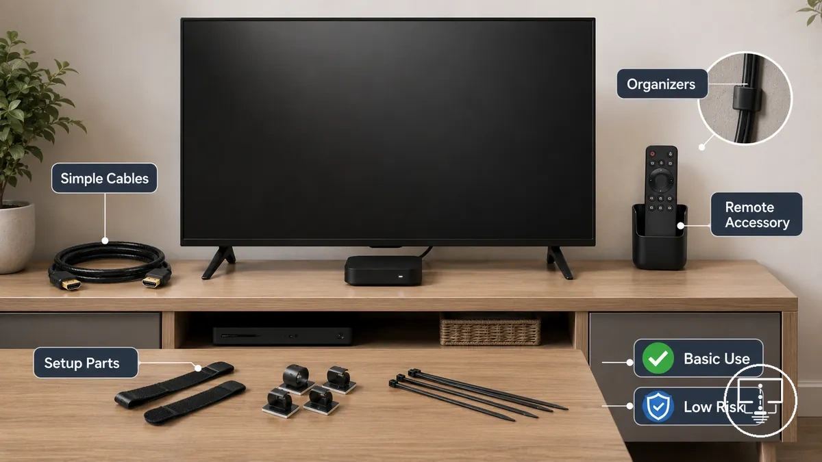 Low-cost accessories for basic setup needs including simple cables, small organizers, remote accessories, and minor setup parts