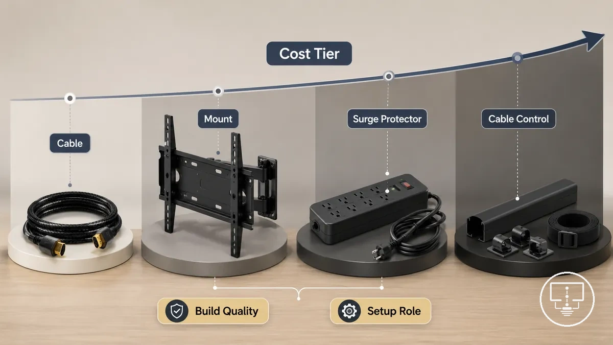 TV setup accessory price ranges comparing accessory groups, cost tiers, and setup roles
