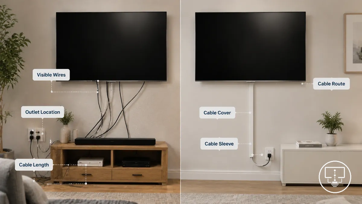 Visible wires below a wall-mounted TV and cable routing corrections