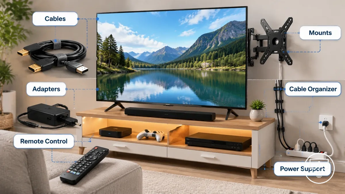 Labeled examples of TV setup accessories around a TV