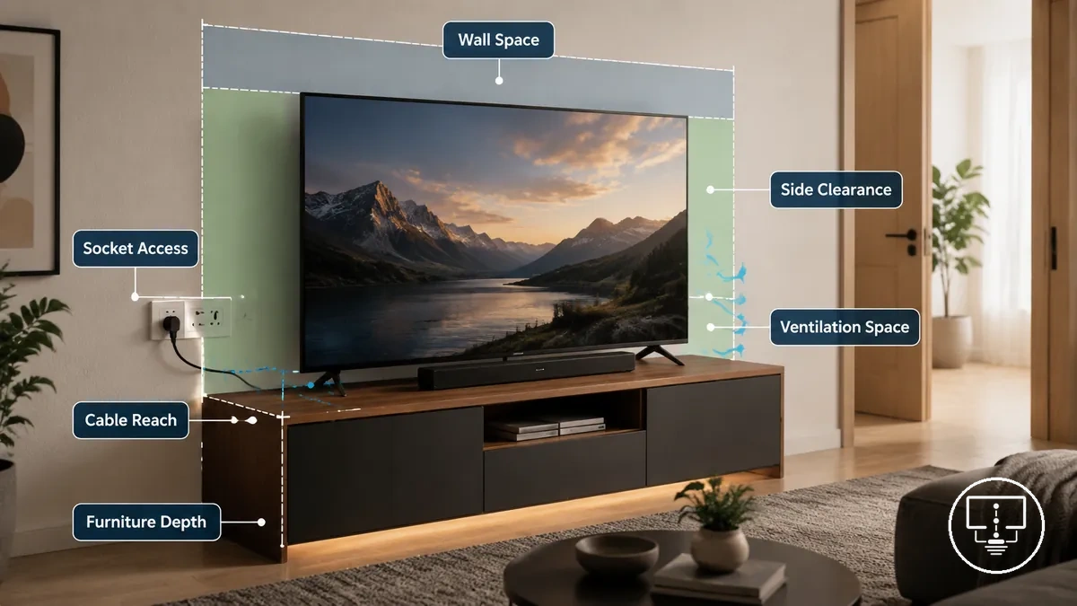 wall space furniture depth and access clearance around a small room TV setup
