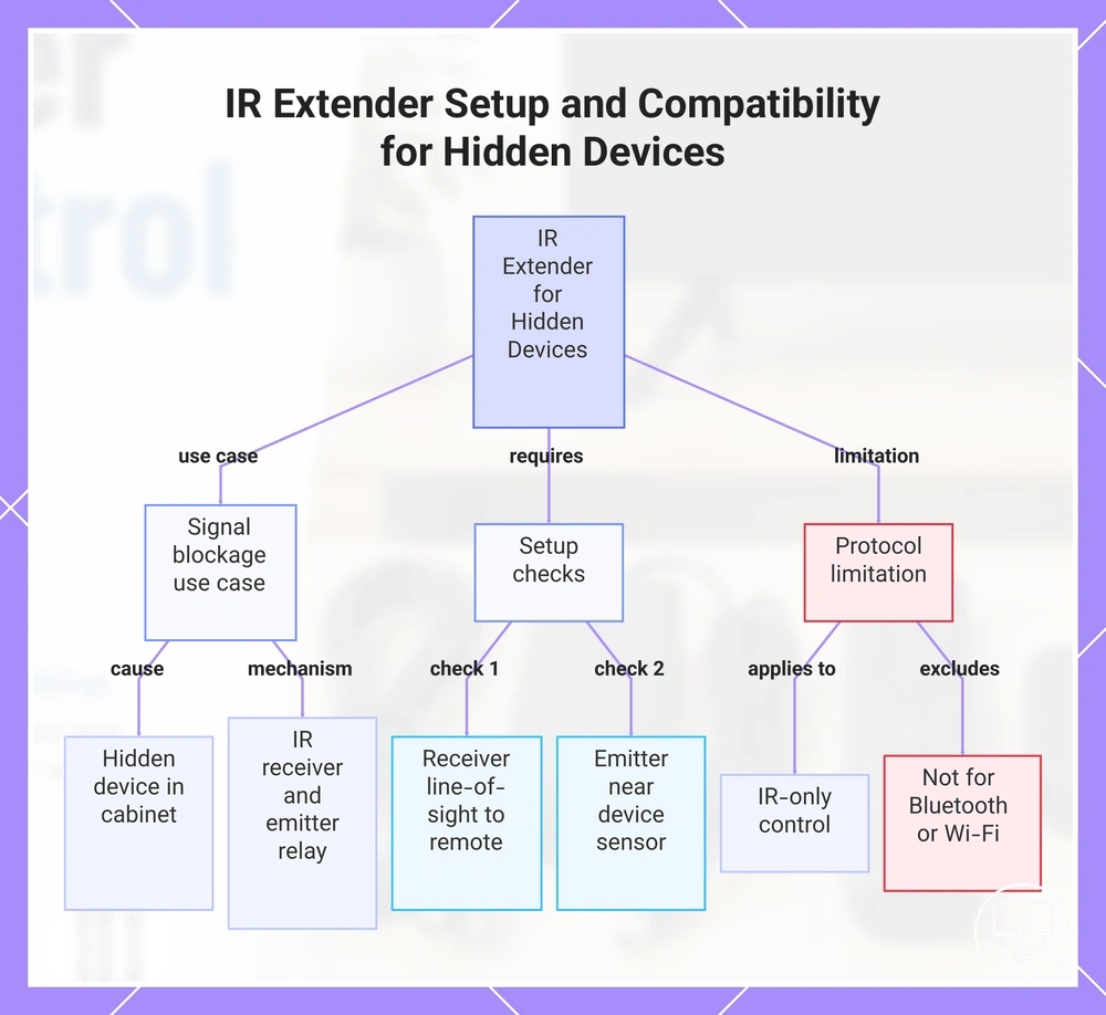 IR Extender Setup and Compatibility for Hidden Devices