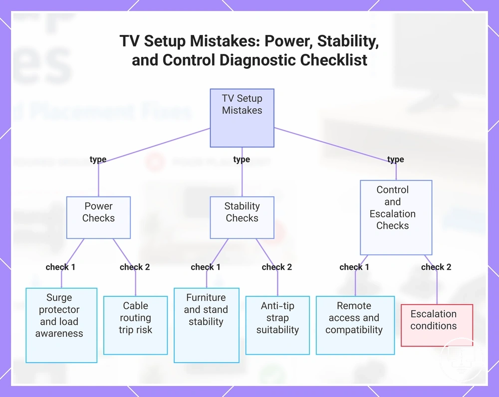TV Setup Mistakes: Power, Stability, and Control Diagnostic Checklist