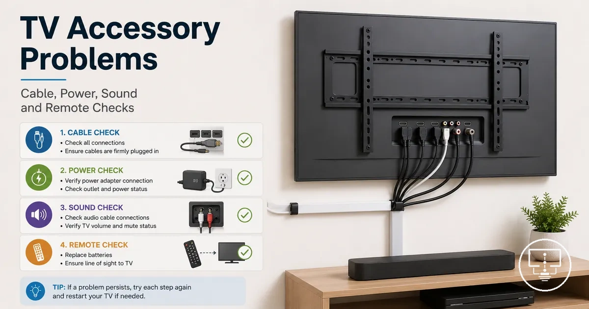 TV setup accessories being checked for cable, power, sound and remote control problems